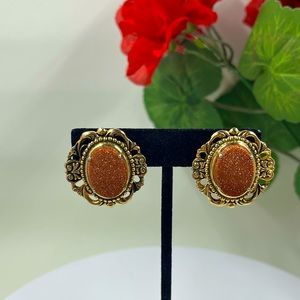 Burgundy Druze Sparkly Style Vintage Ornate Frame Clip On Earrings